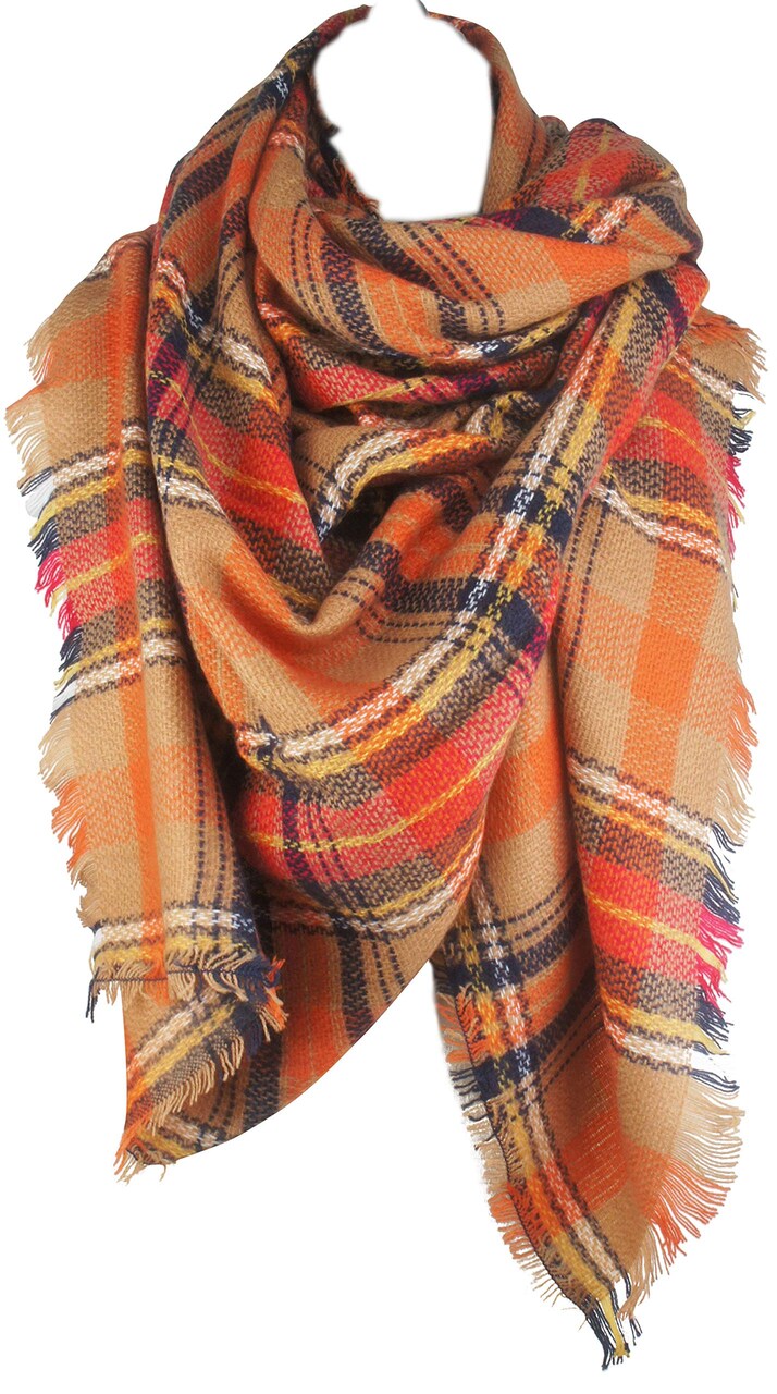 Women's Plaid Blanket Fall Winter Scarf Wrap Oversized Shawl Orange for Halloween Thanksgiving
